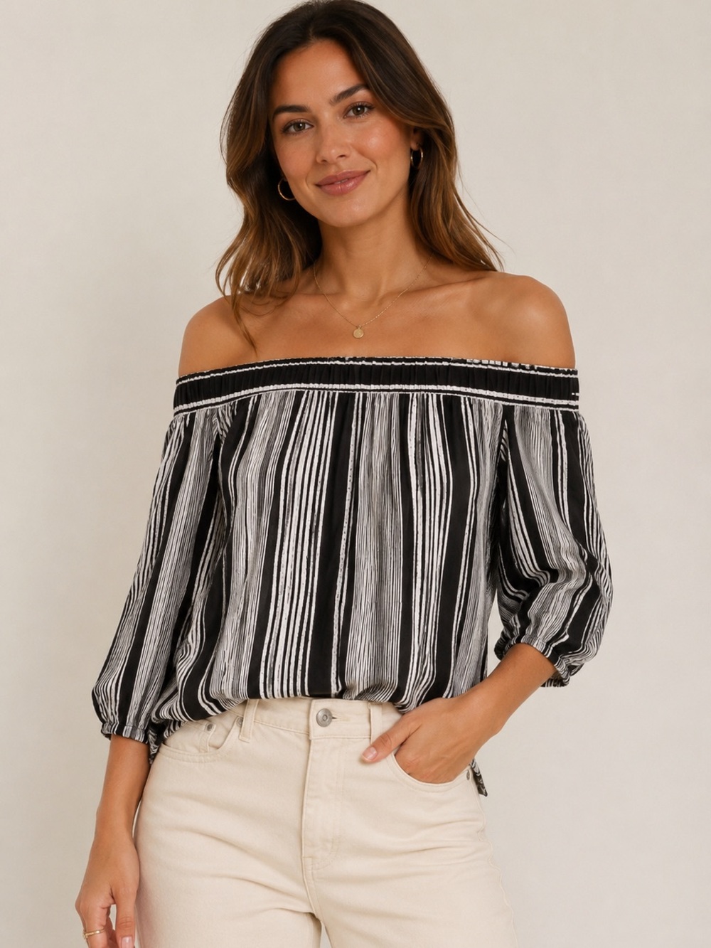 Loveappella Black & White Striped Off-the-Shoulder Top